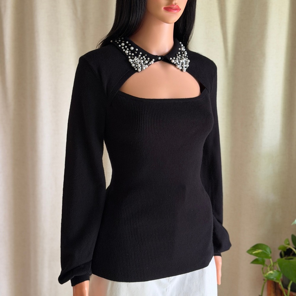 Belldini Black Pearl Embellished Collar Cutout Ribbed Knit Top Size L Coquette